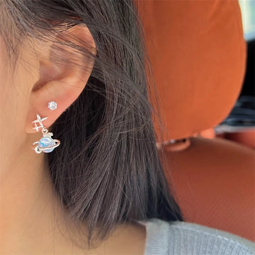 DAIIIBABYYY  -  Rhinestone Fairy Women Geometric Stud Earrings Set Fish Tail Aurora Planet Heart Bow Earrings Elegant Korean Fashion Jewelry
